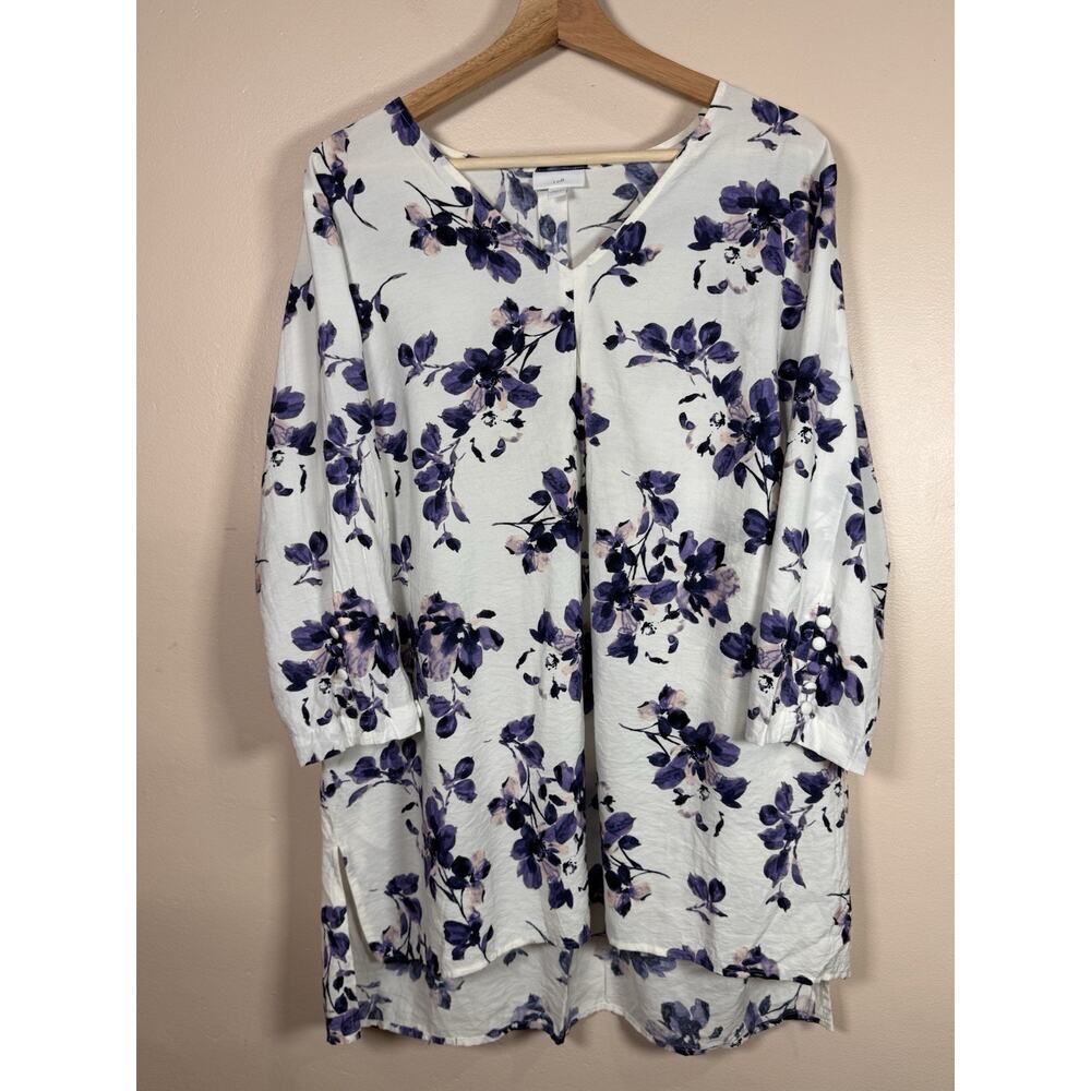 J. Jill Women's Tunic Blouse Floral Rayon V-Neck 3/4 Sleeve Coastal L Purple